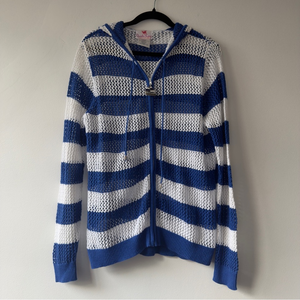 Quacker Factory Blue White Striped Open Knit Zip Hoodie Sailboat Pull Large